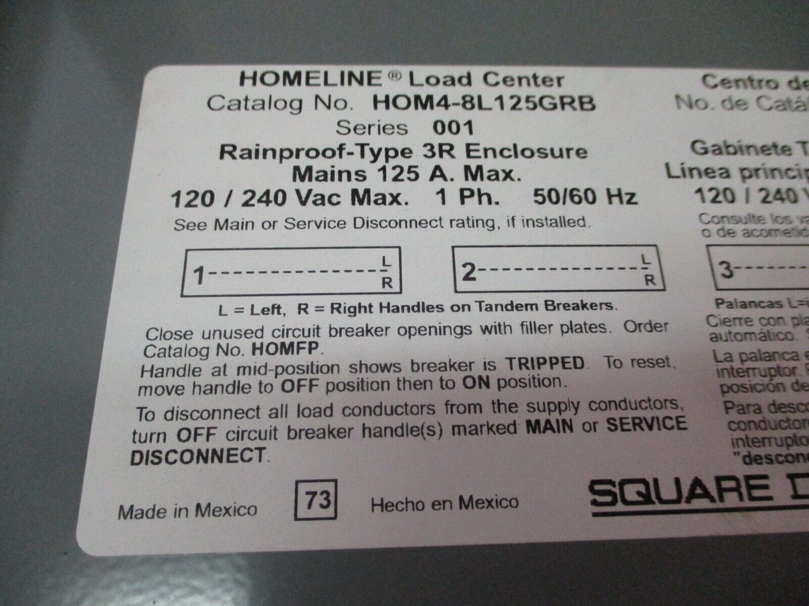 Square D Homeline 3R Load Center HOM4-8L125GRB Ser. 001 125A 120/240V 1Ph Used