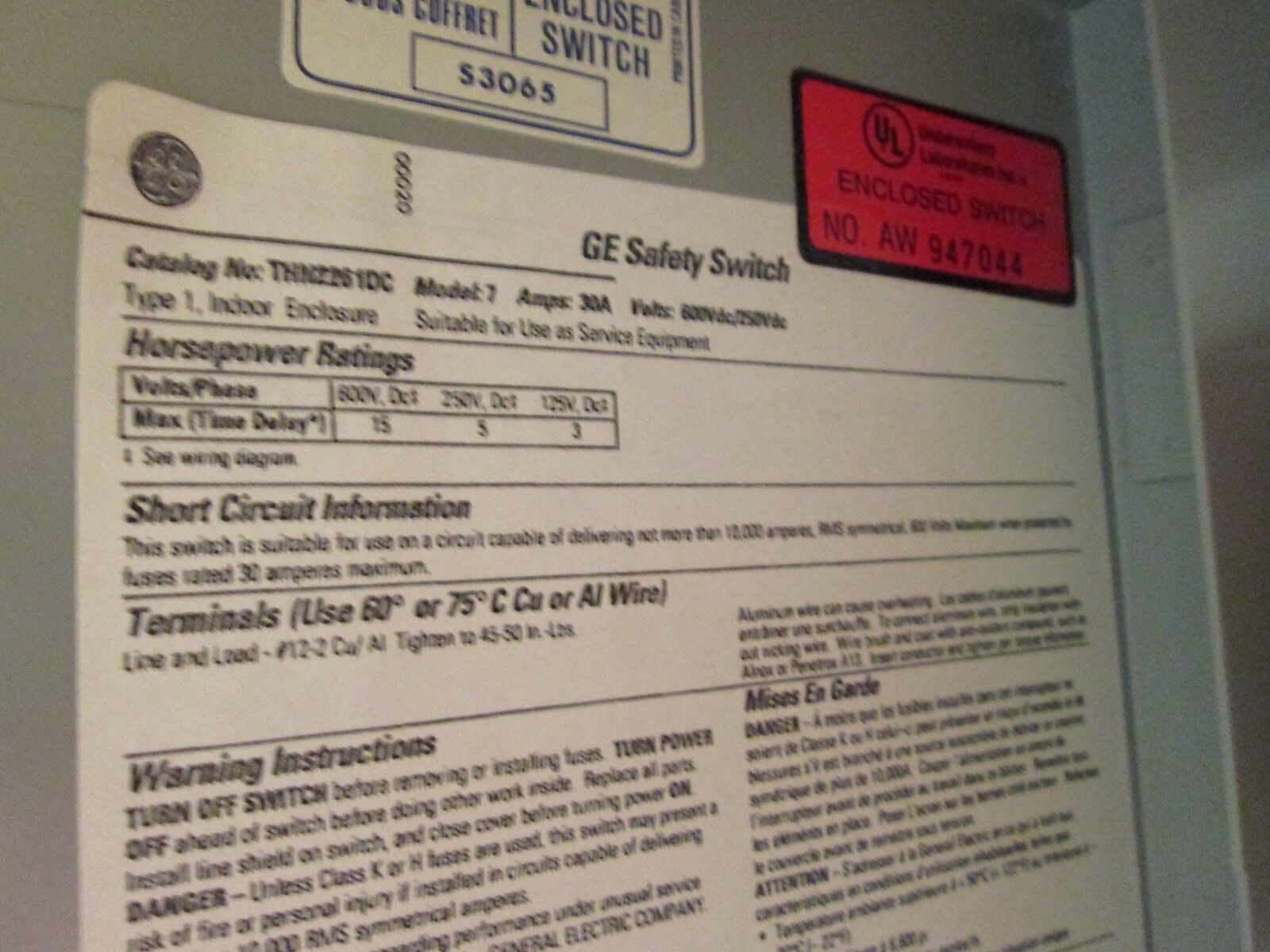 GE Non-fusible Safety Switch THN2261DC 30A 600V 2P 2W New Surplus