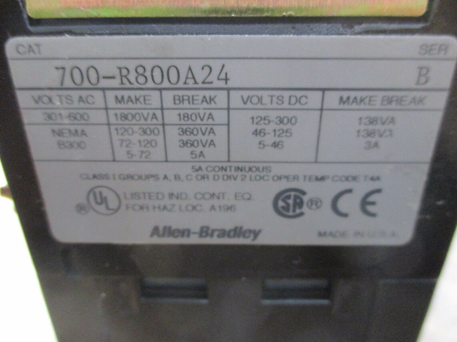 Allen-Bradley Type R Relay 700-R800A24 Ser. B 24V Coil 5A 600V Used