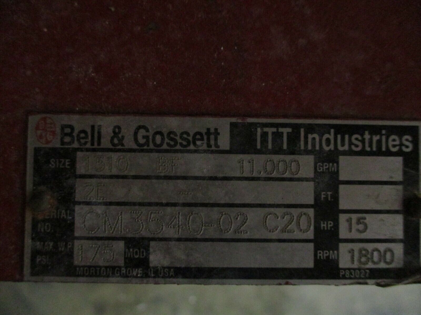 Bell & Gossett Pump 1510 BF 11.000 15HP 1800RPM Used