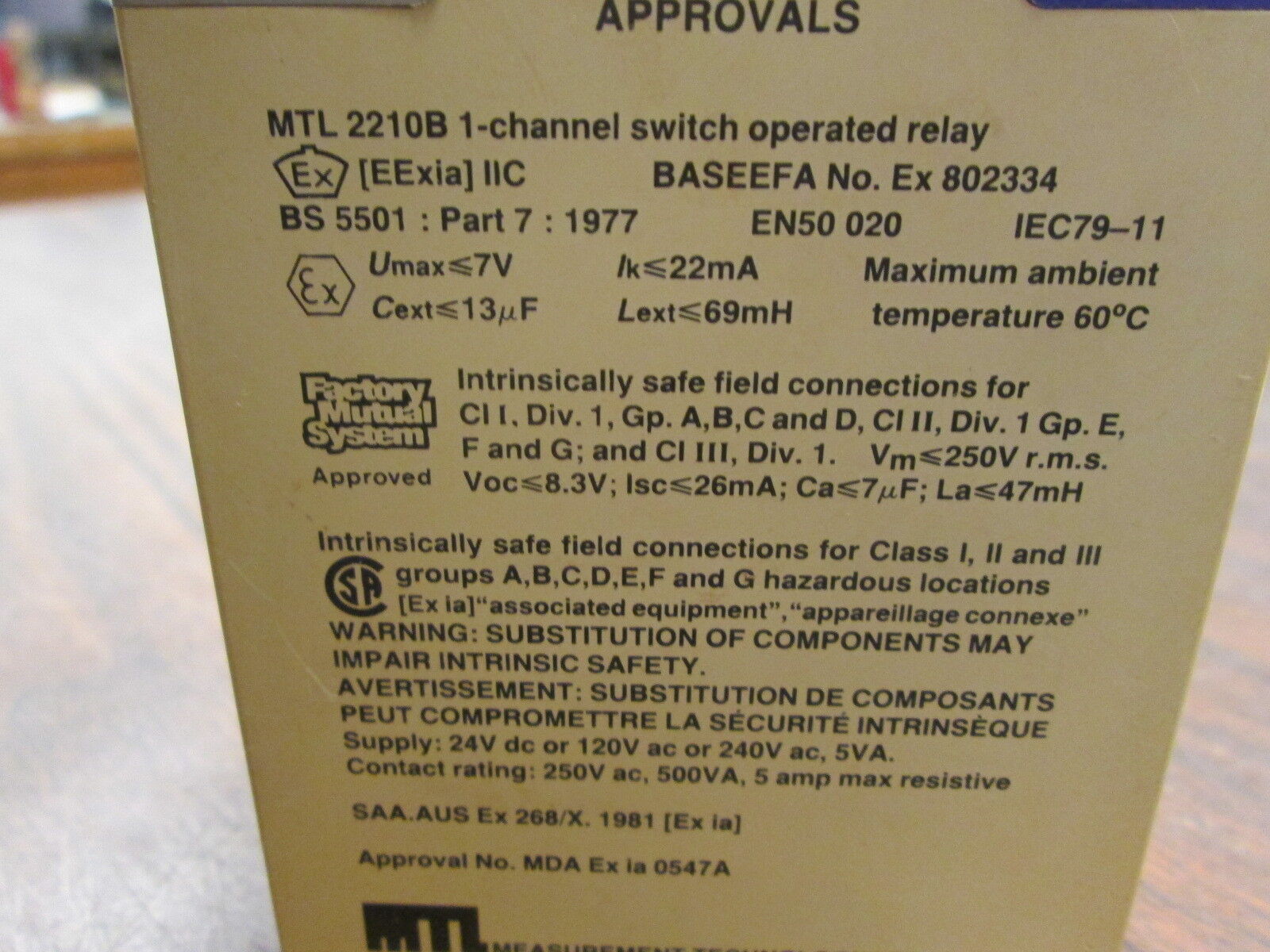 Measurement Technology Switch Operated Relay MTL2210B 1-Channel 120VAC Used