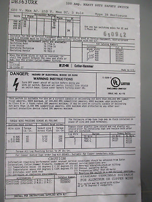 Eaton Non-Fusible 3R Saftey Switch/ Disconnect DH363URK 100A 600V 3P Used.