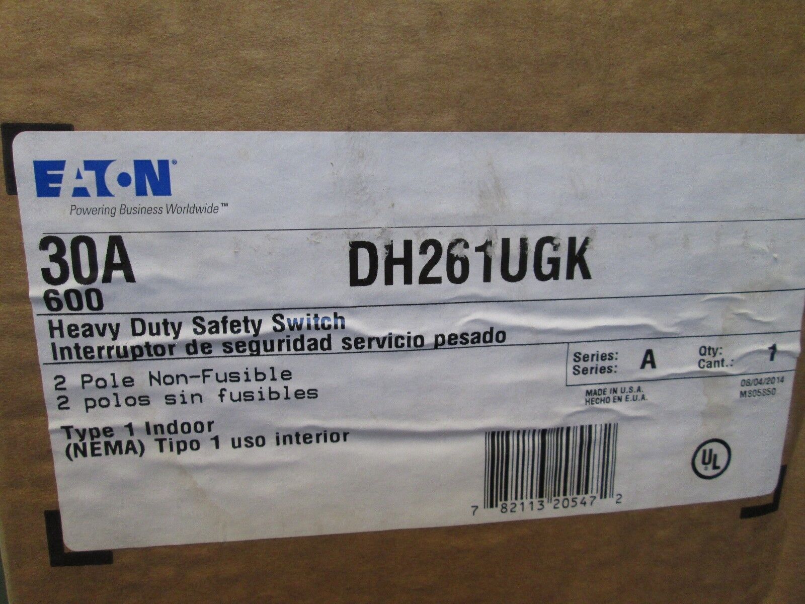 Eaton/Cutler-Hammer Non-Fusible Safety Switch DH261UGK 30A 600V 2P Type 1
