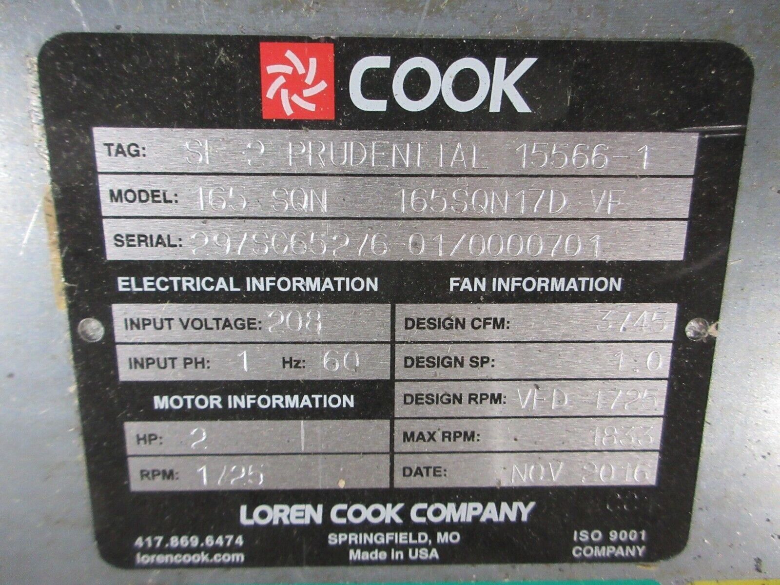 Loren Cook Square Inline Fan 165 SQN 165SQN17D VF 3745CFM 208V 1Ph 60Hz Used
