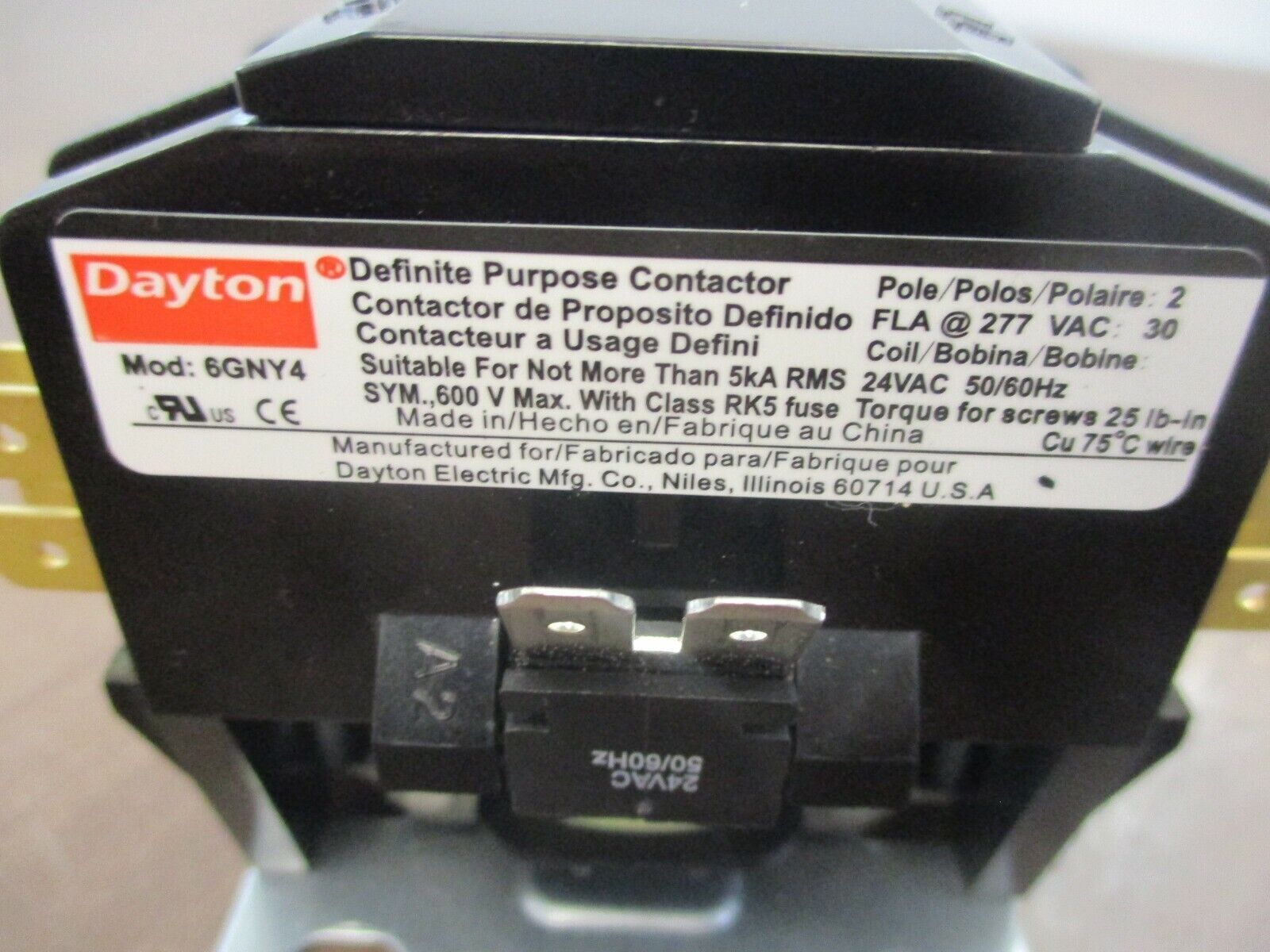 Dayton Contactor 6GNY4 24V Coil 30A 600V Used