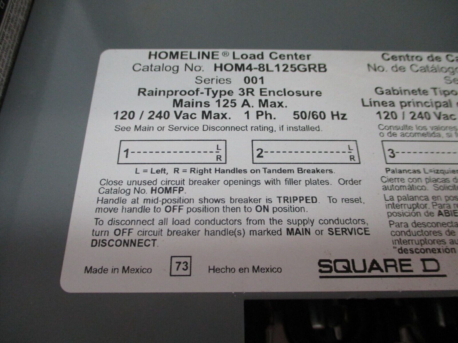 Square D Homeline 3R Load Center HOM4-8L125GRB Ser. 001 125A 120/240V 1Ph Used