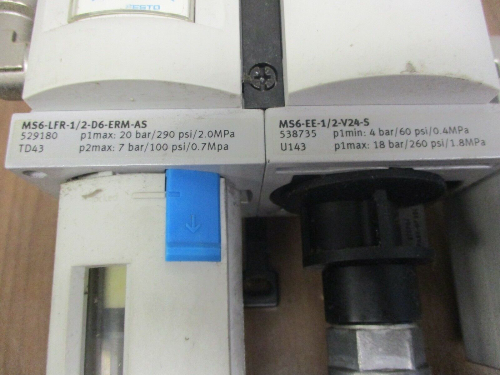 Festo Filter Regulator w/ Shut Off Valve MS6-LFR-1/2-D6-ERM-AS/MS6-EE-1/2-V24-S