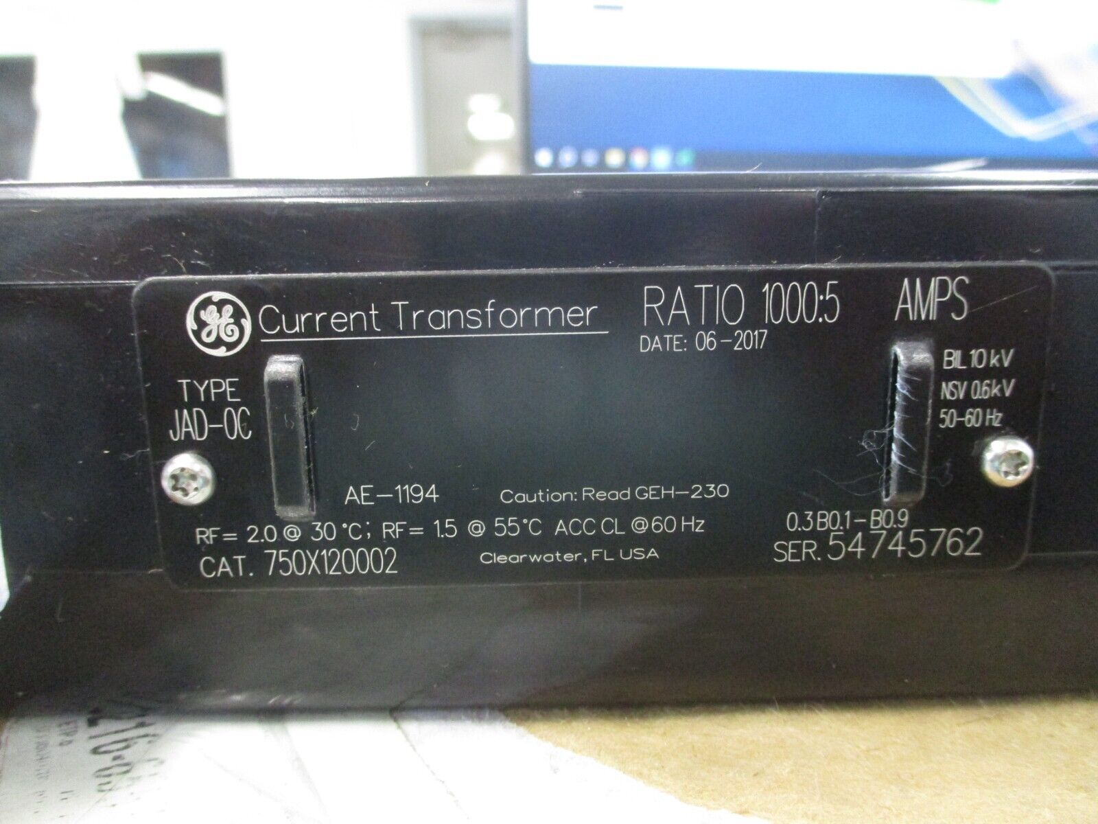 GE Type JAD-0C Current Transformer 750X120002 Ratio 1000:5A 600V 50-60Hz