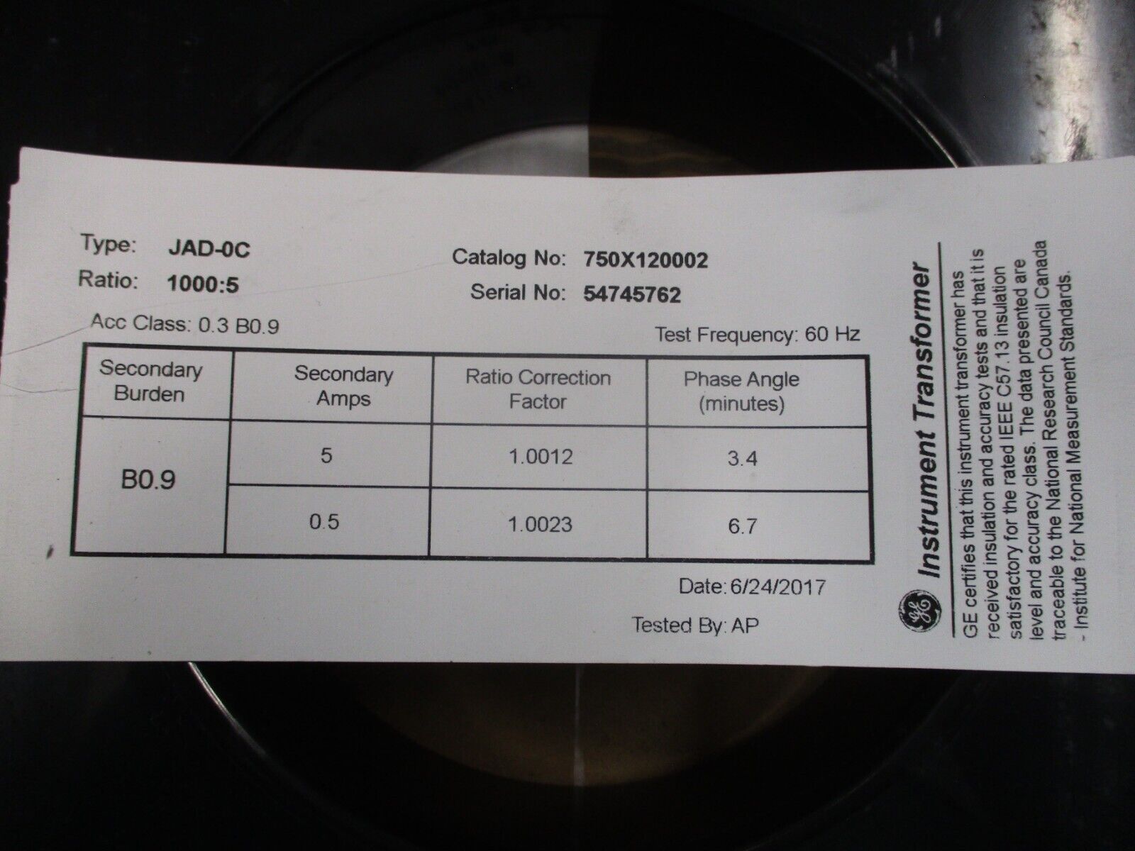 GE Type JAD-0C Current Transformer 750X120002 Ratio 1000:5A 600V 50-60Hz