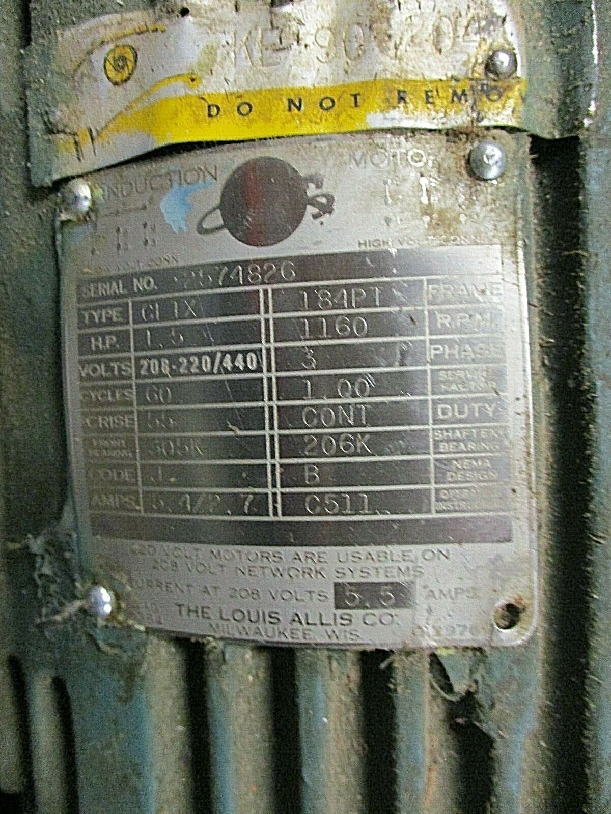Louis Allis Induction AC Motor 2574826 1.5 HP 1200RPM 208-220/440V 3Ph 5.4/2.7A