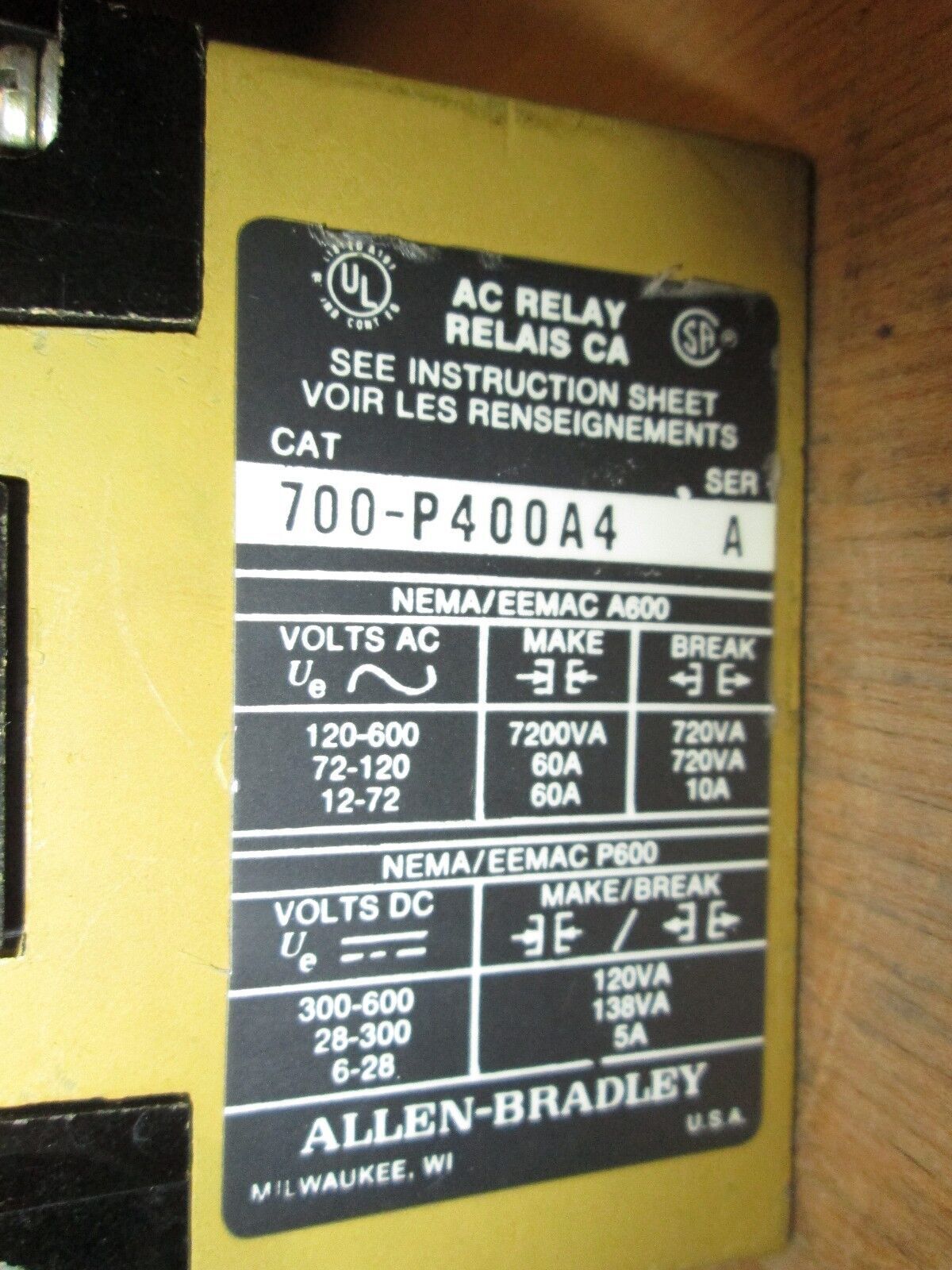 Allen-Bradley Relay 700-P400A4 460-480V coil Used