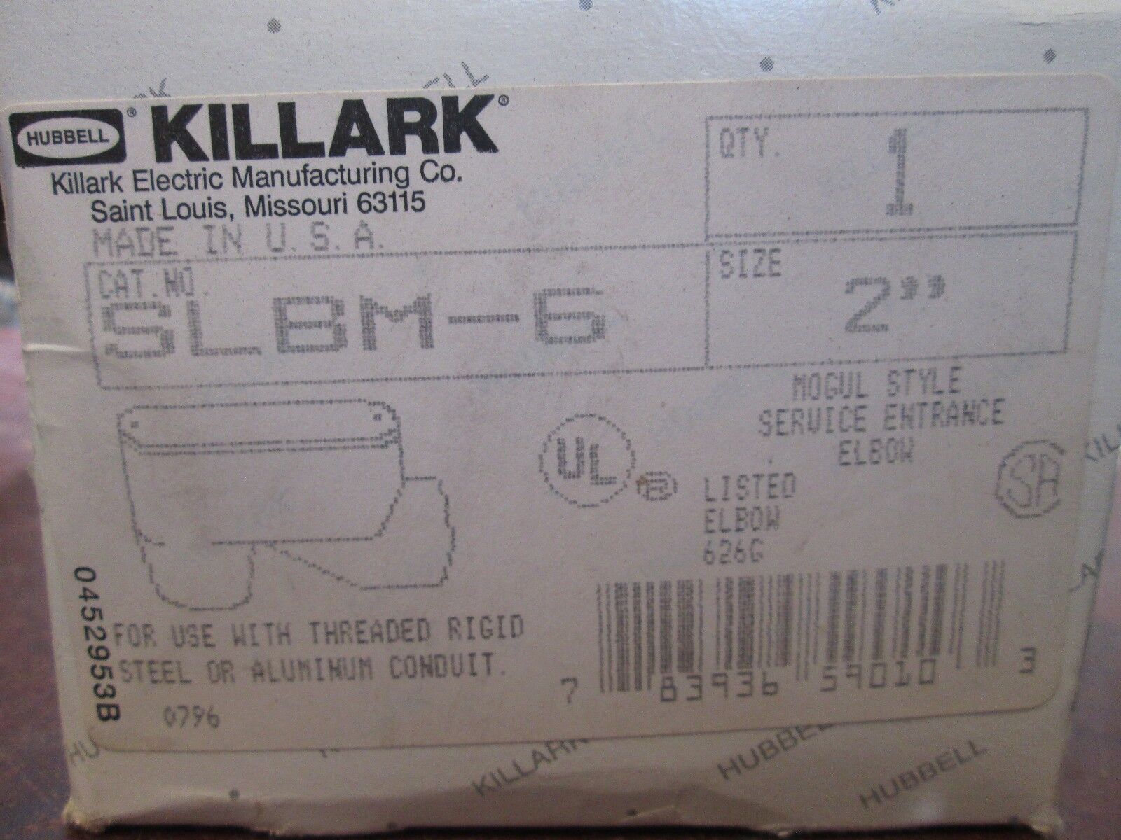 Hubbell Killark Service Entrance Elbow SLBM-6 Size: 2" Mogul Style New Surplus
