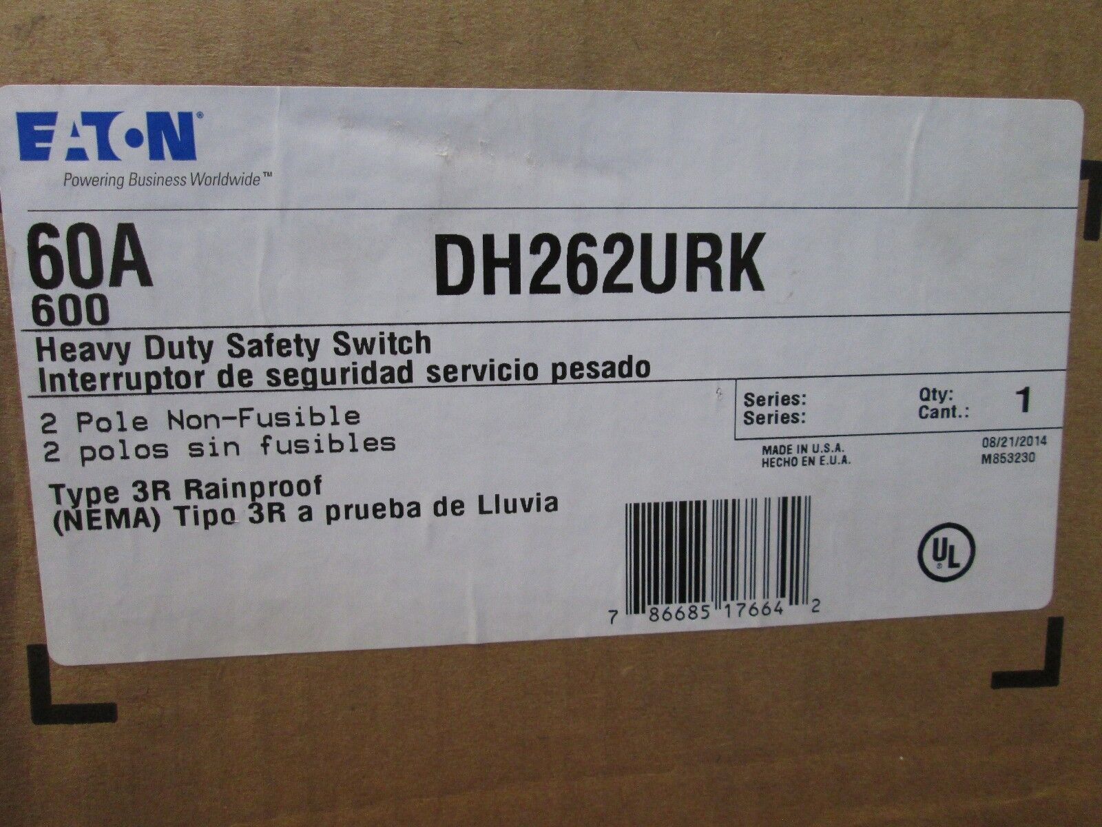 Eaton Non-Fusible 3R Safety Switch DH262URK 60A 600V 2P New Surplus
