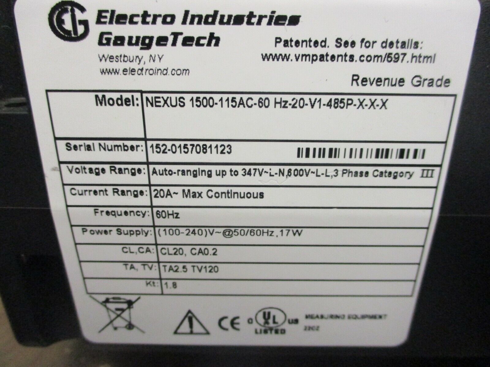 Electro Industries GaugeTech Nexus 1500 Power Meter 20A 60Hz Used