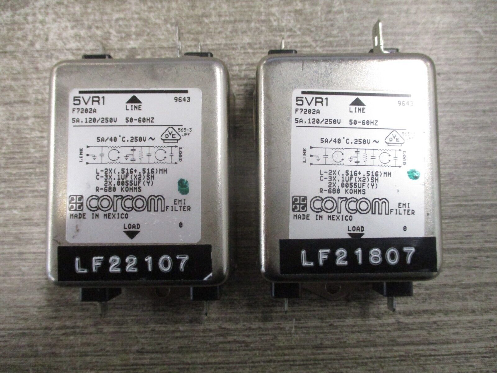 Corcom EMI Filter 5VR1 5A 120/250V 50/60Hz * Lot of 2 * Used