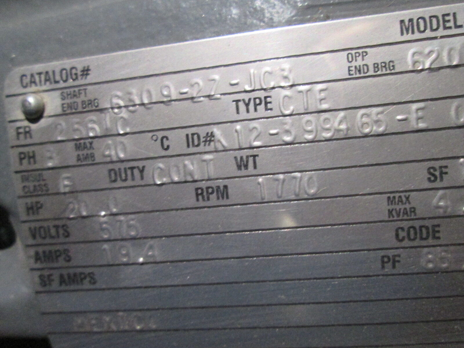 Emerson AC Motor H379 20HP 1770RPM FR: 256TC ENCL:TE 575V 19.4A Used