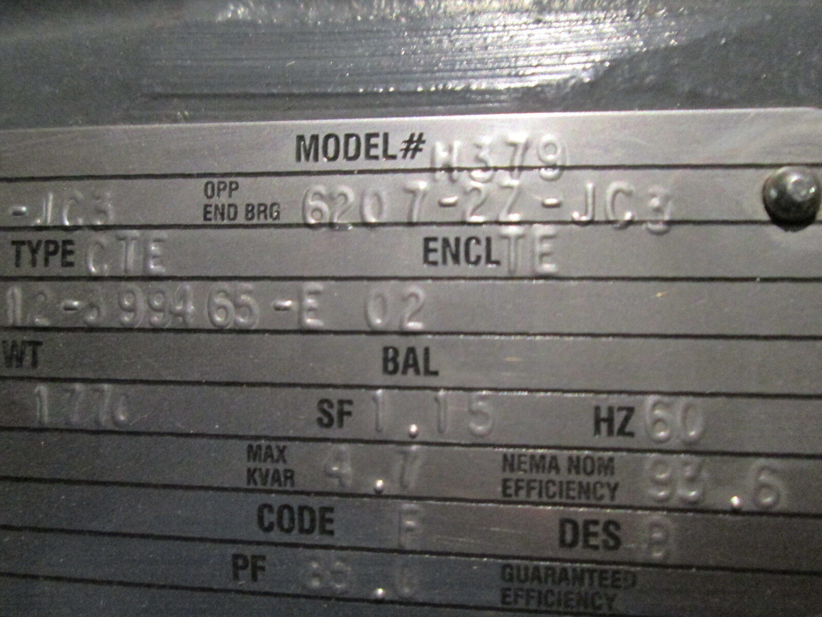 Emerson AC Motor H379 20HP 1770RPM FR: 256TC ENCL:TE 575V 19.4A Used