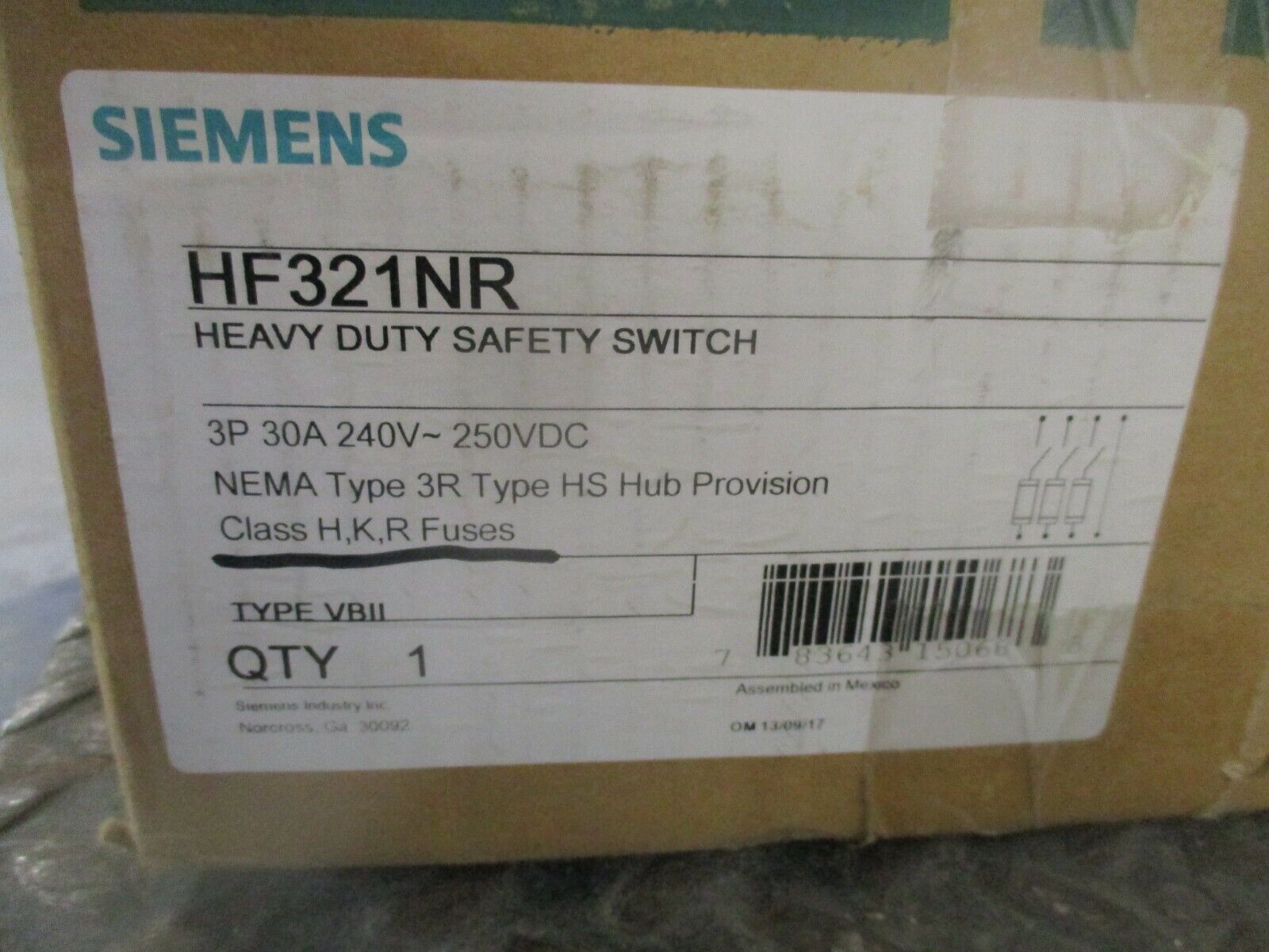 Siemens Fusible 3R Safety Switch / Disconnect HF321NR 30A 240V 3P New Surplus