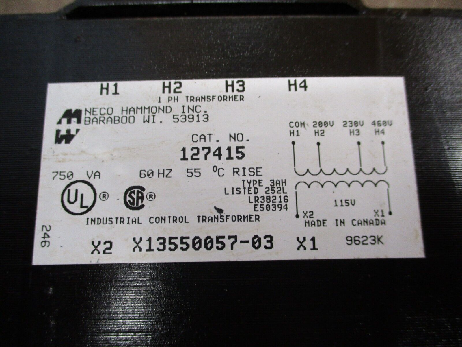 Hammond Control Transformer 127415 750VA Pri: 200/230/460V Sec: 115V 60Hz Used