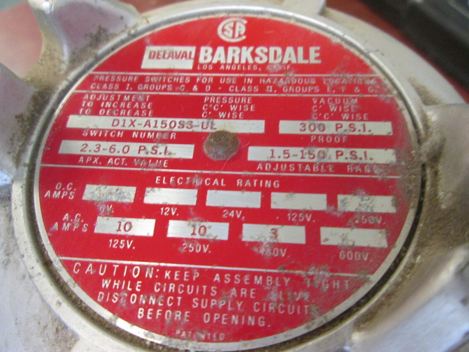 Barksdale Explosion Proof Pressure Switch D1X-A150S3-UL Range: 1.5-150 PSI Used