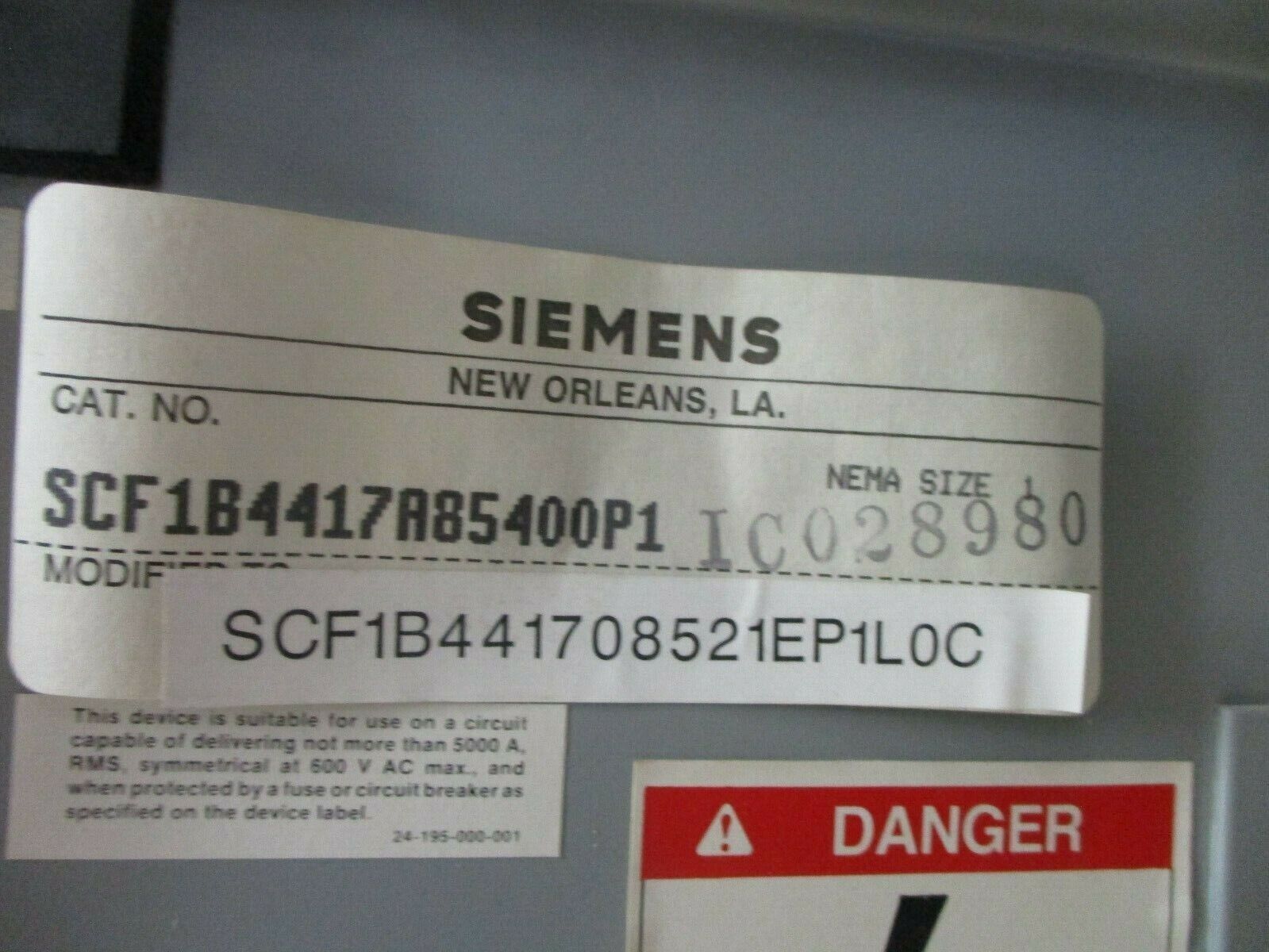 Fusible Size 1 Siemens Combination SCF1B4417A85400P1 Mod #: SCF1B441708521EP1L0C