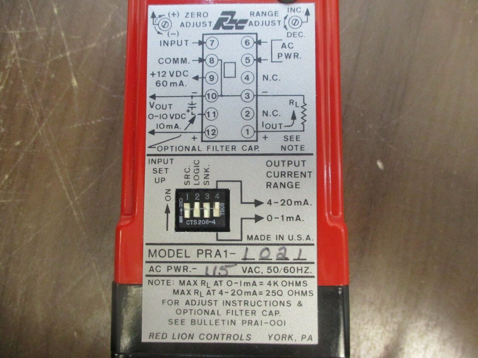 Red Lion Controls Pulse Rate Converter PRA1-1021 115V 50/60Hz Used