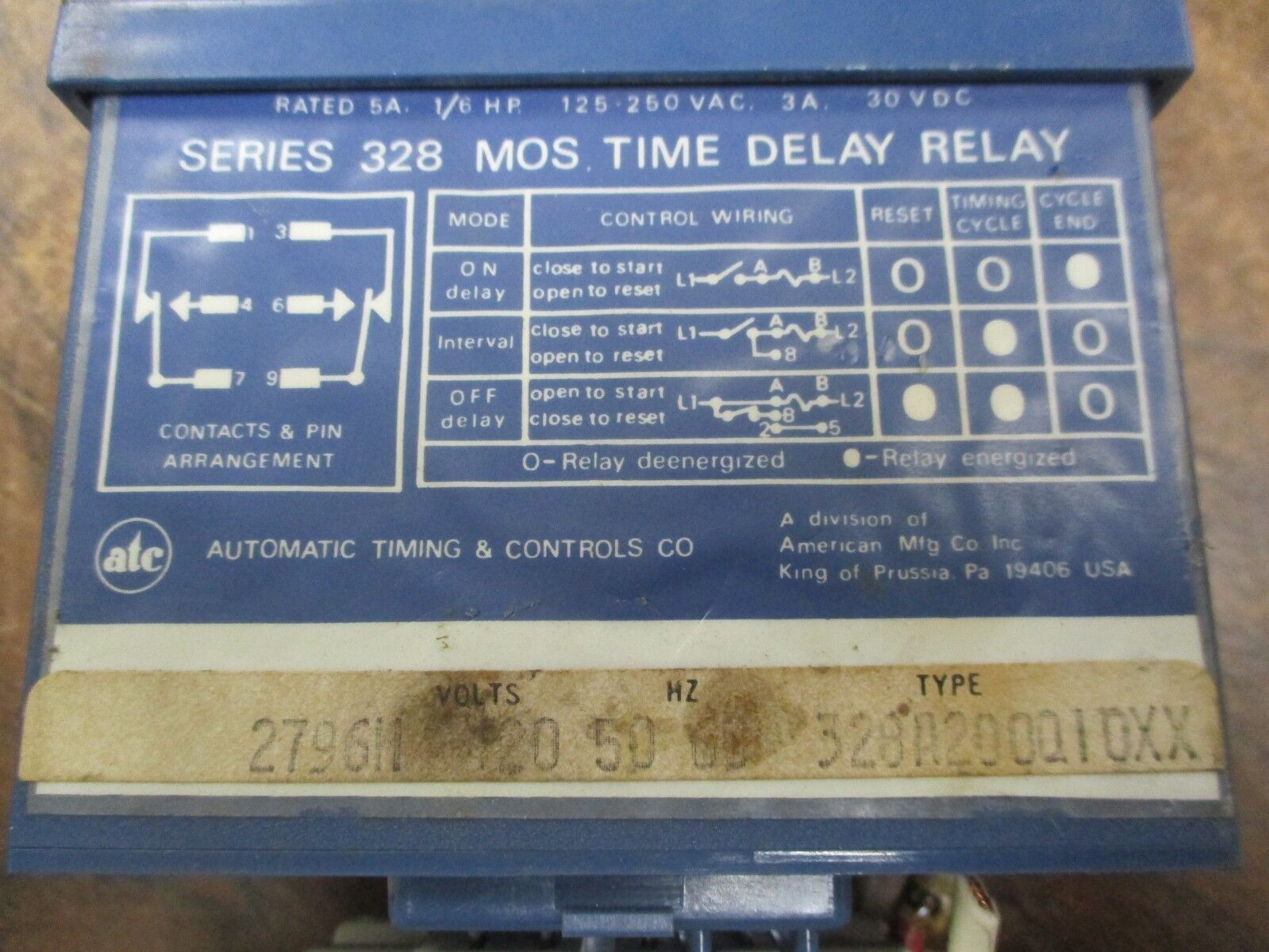 ATC MOS Time Delay Relay 328A200Q10XX 120V Control 5A 1/6HP 125-250 VAC, Used