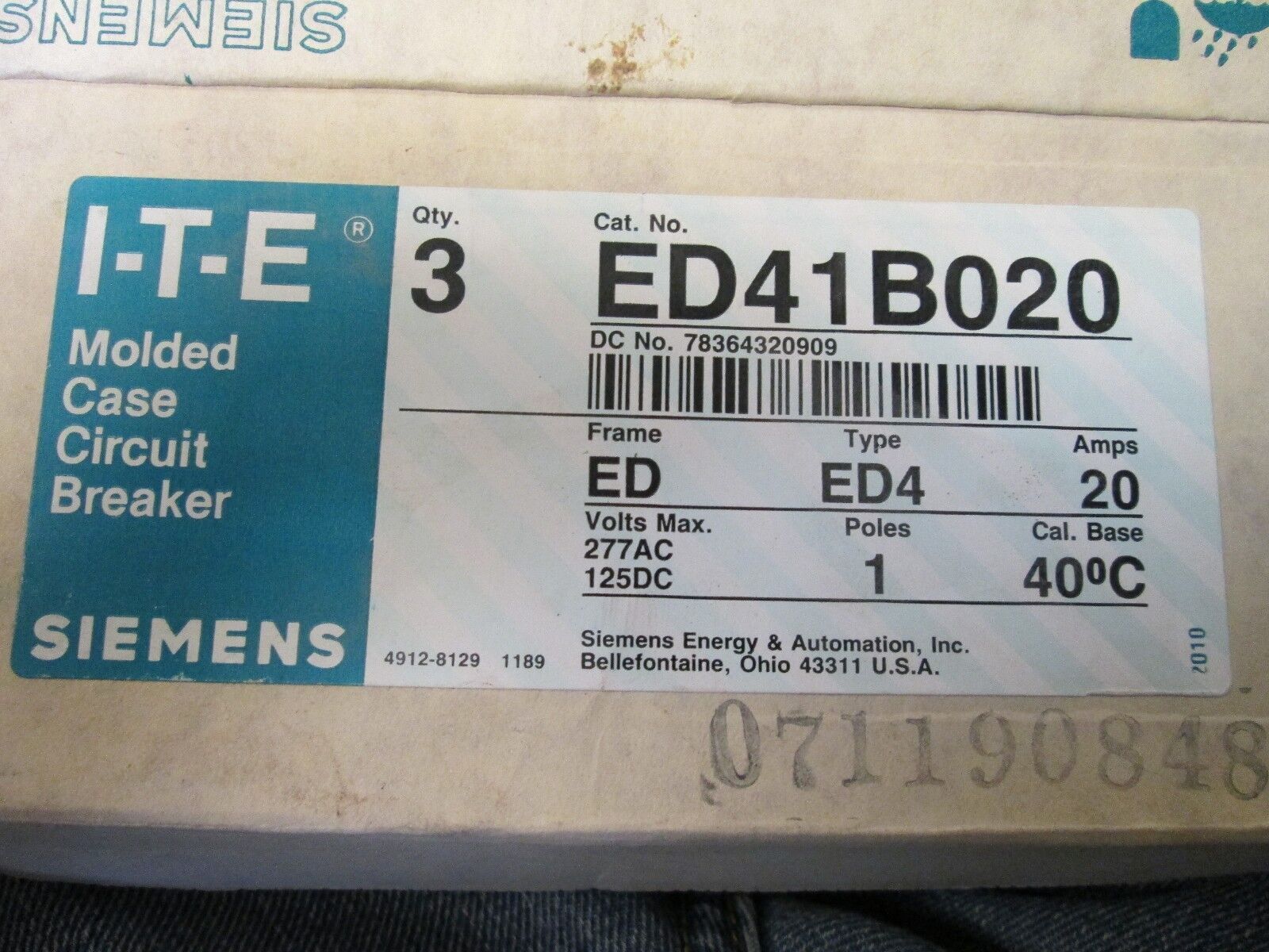 ITE Circuit Breaker ED41B020, Type: ED4, Frame ED, 20A 277V 1P, NEW, Lot of 2!