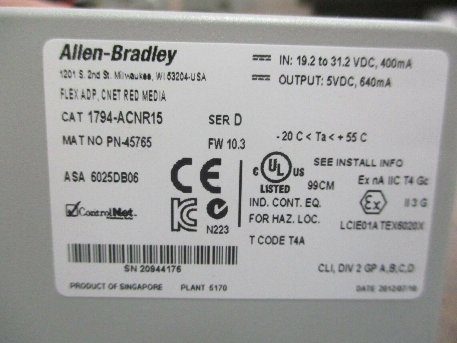 Allen-Bradley Flex I/O ControlNet Redundant Media Adapter 1794-ACNR15 Ser D Used