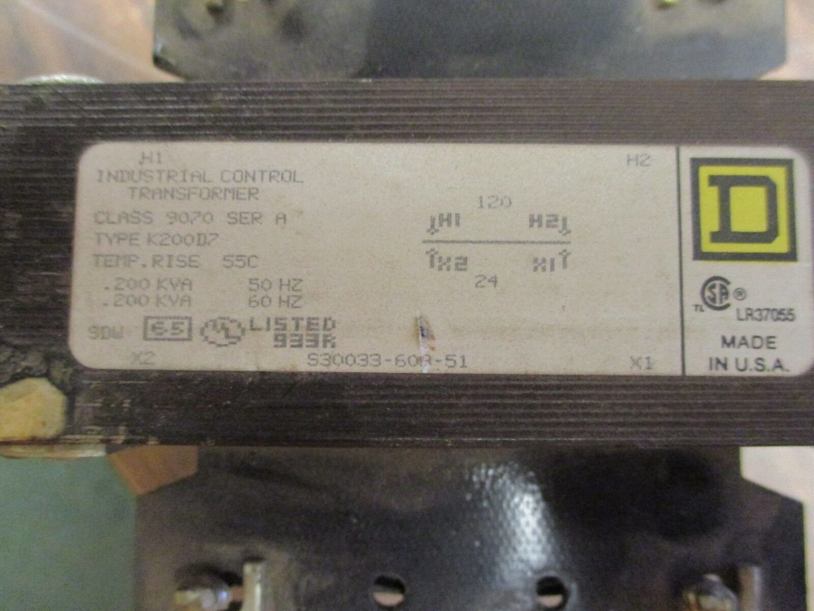 Square D Control Transformer 9070 K200D7 0.200KVA Pri:120V Sec:24V 50/60Hz Used