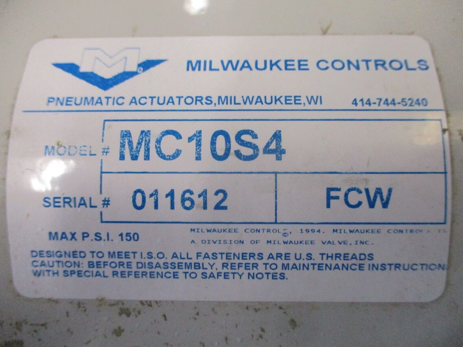 Milwaukee Controls Pneumatic Actuated Valve MC10S4 150 PSI 2" Valve Used.