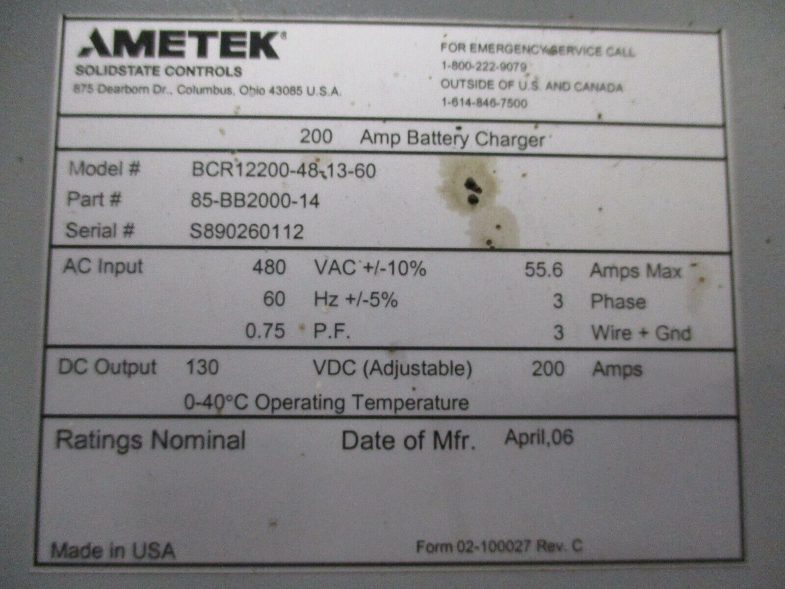 Ametek 200A Battery Charger BCR12200-48-13-60 Output: 130VDC 200A Used