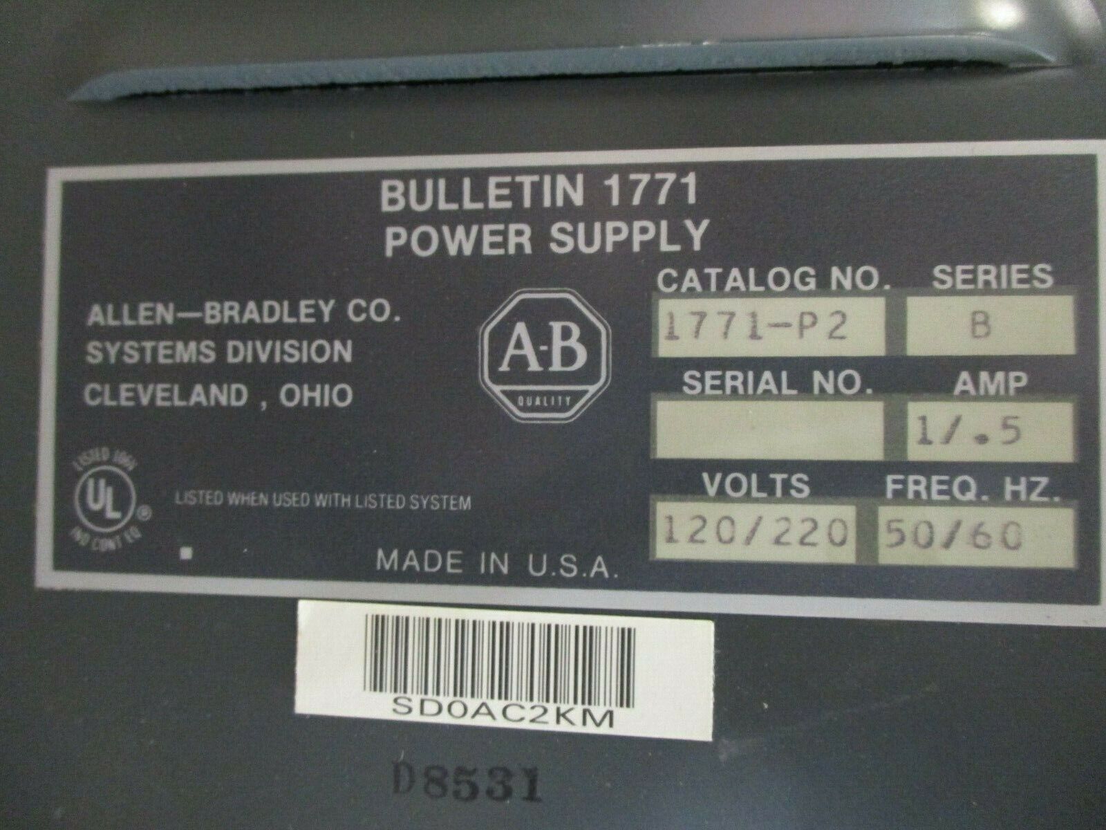 Allen-Bradley Power Supply 1771-P2 Ser. B 75VA 120/220V 50/60Hz 1/0.5A Used