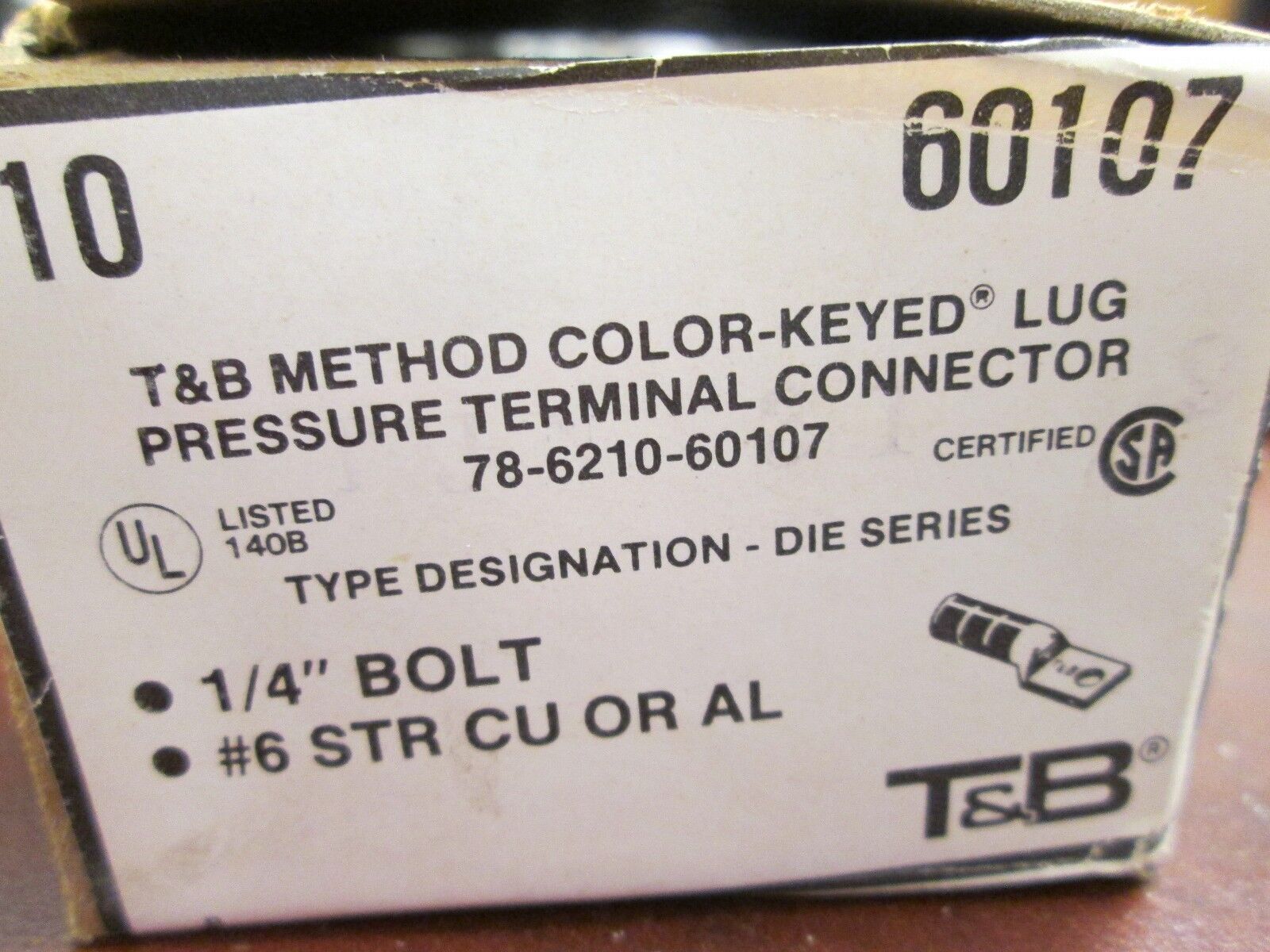 T&B Crimp Lug 60107 #6 STR Wire, 1/4" Bolt *Lot of 10* New Surplus
