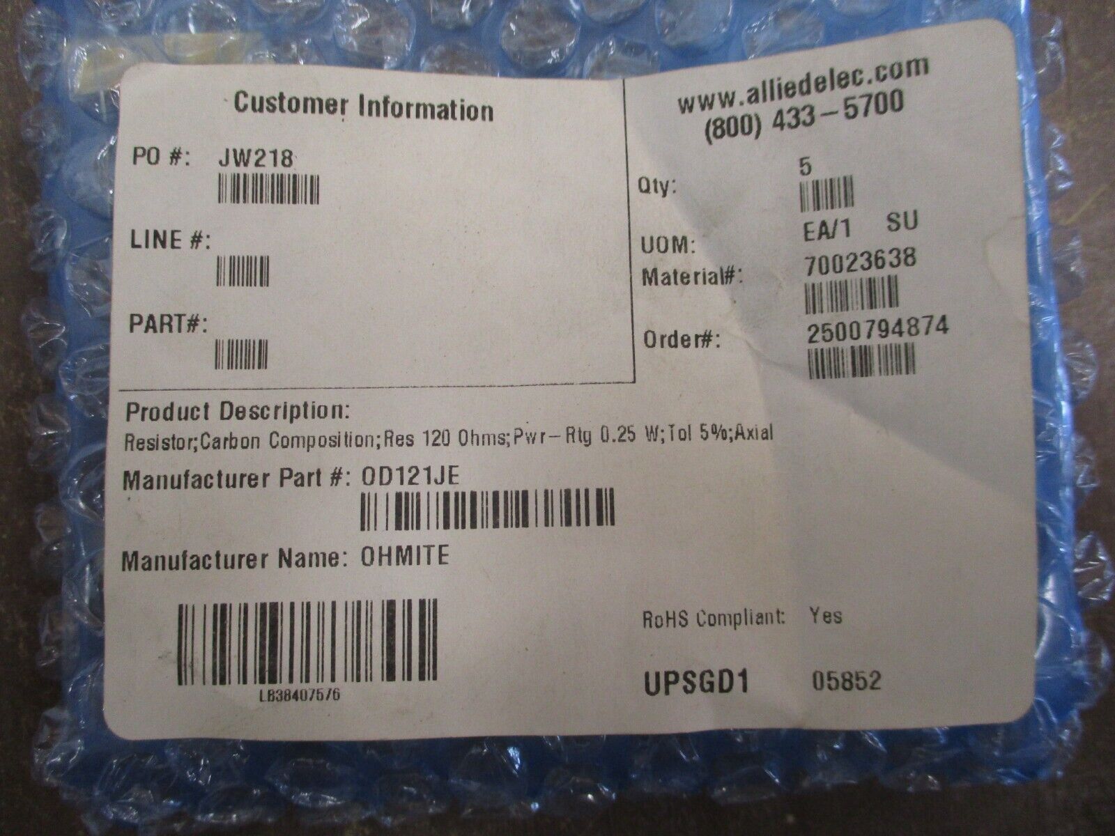 Ohmite Resistor 0D121JE 120 ohms *Bag of 5* New Surplus