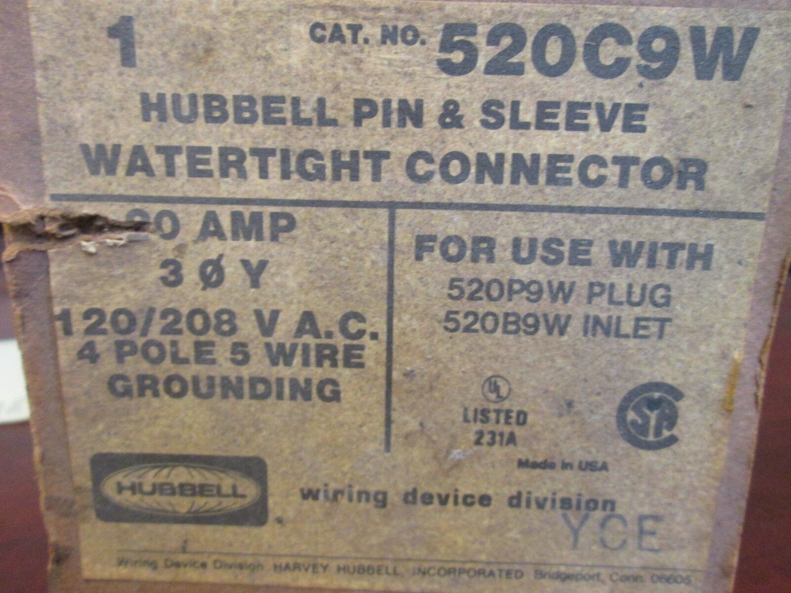 Hubbell Watertight Connector 520C9W 20A 120/208V 4P 5W 3Ph Grounded New Surplus