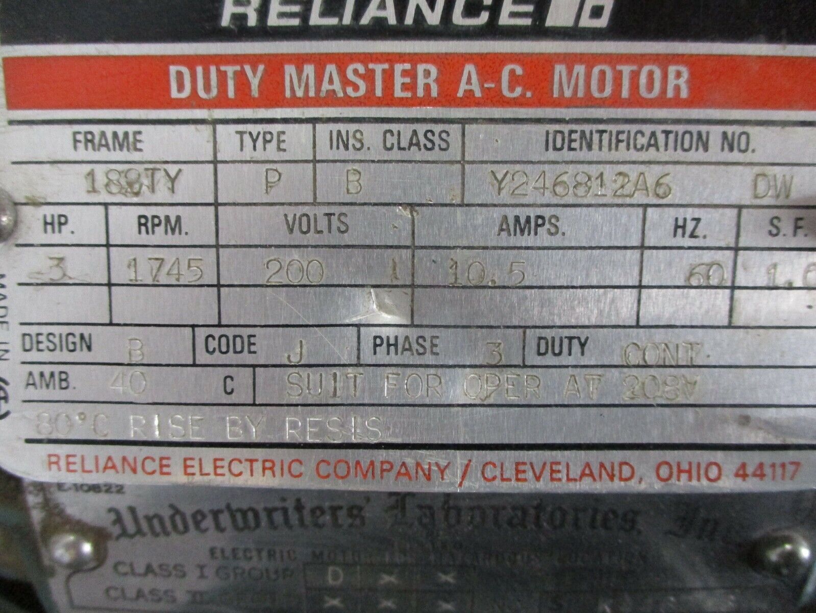 Reliance AC Motor Y246812A6 DW 3HP 1800RPM 200V 10.5A 60Hz 3Ph Used
