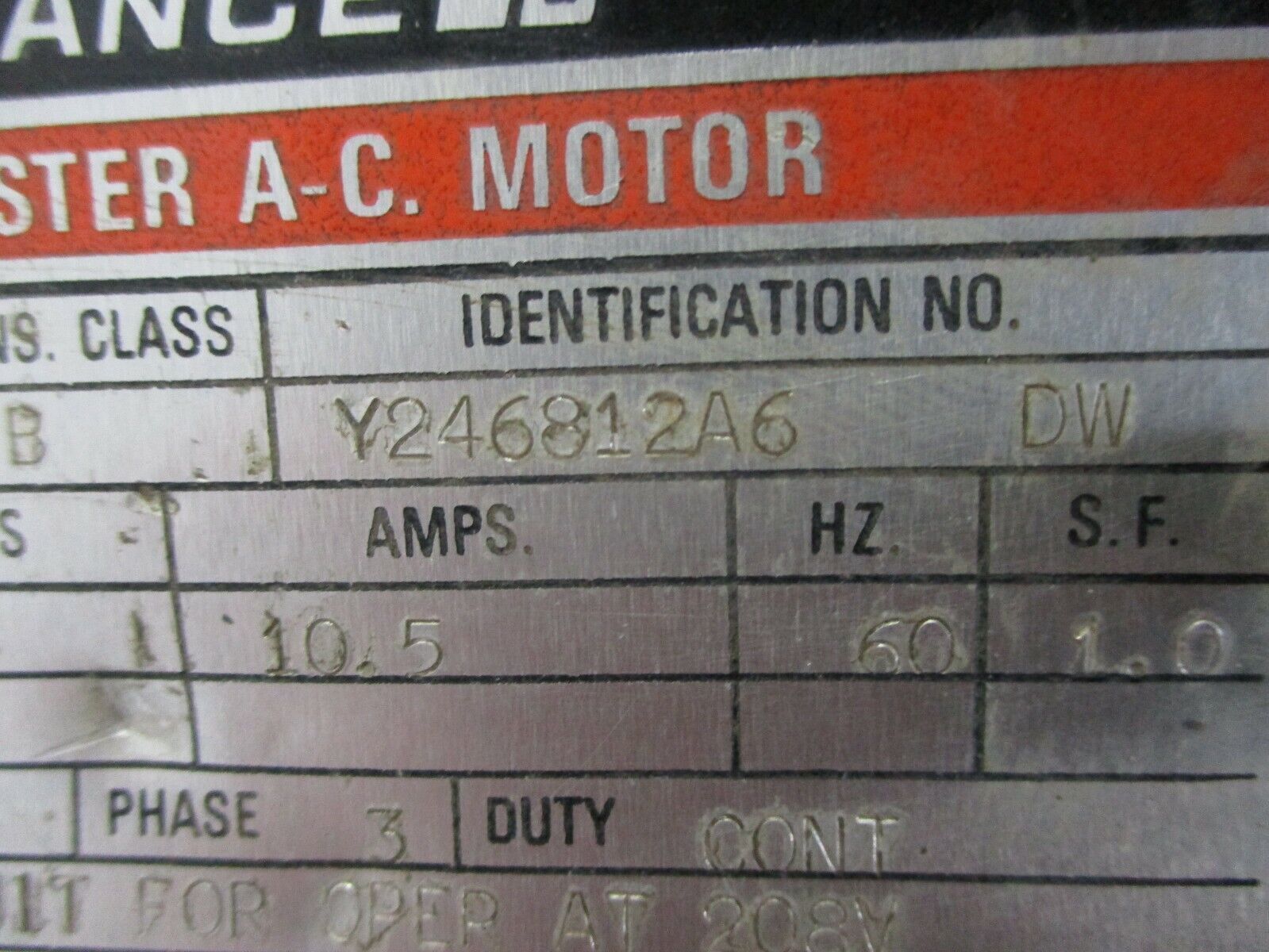 Reliance AC Motor Y246812A6 DW 3HP 1800RPM 200V 10.5A 60Hz 3Ph Used