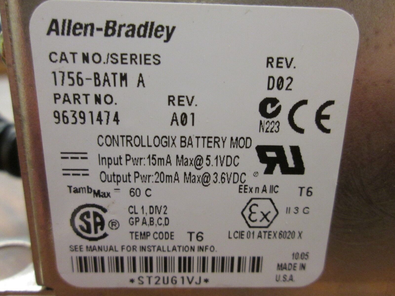 Allen-Bradley Controllogix Battery Module 1756-BATM Series A Used