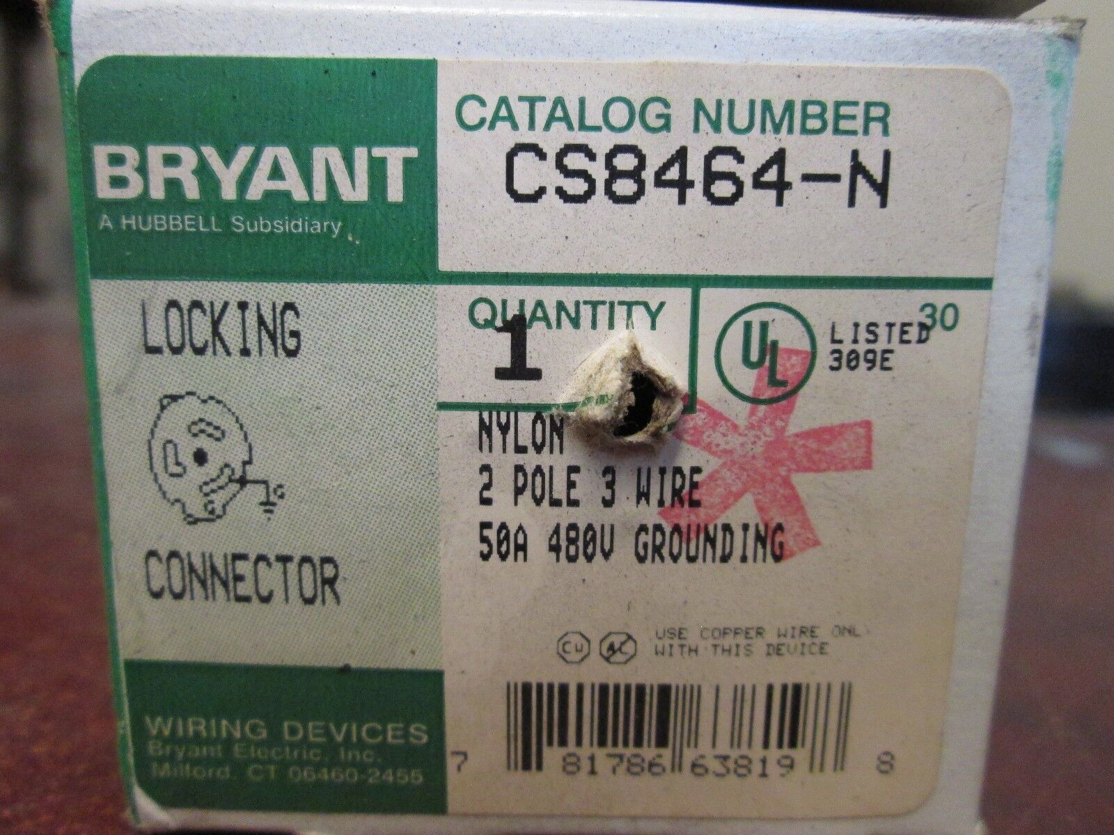 Bryant Nylon Locking Connector CS8464-N 2P 3W 50A 480V New Surplus