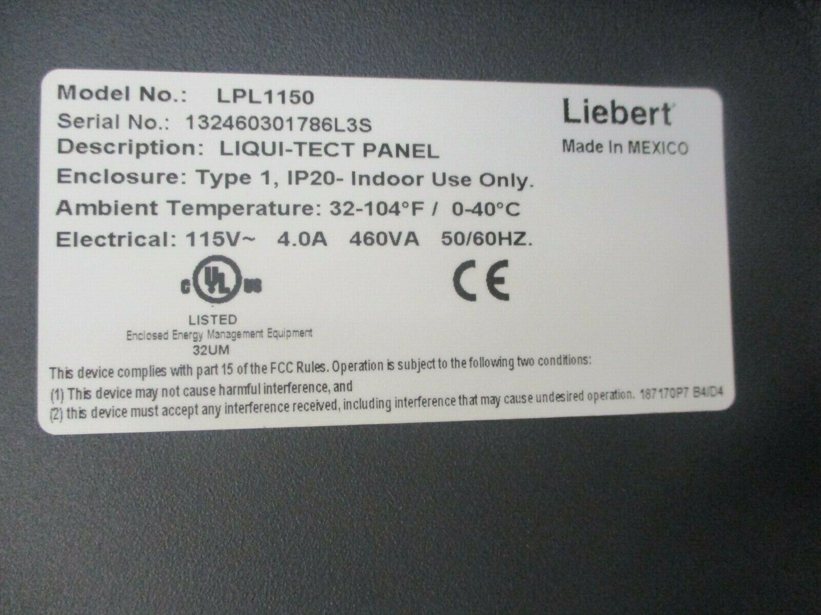 Liebert Liqui-Tect Panel LPL1150 115VAC 50/60Hz 4A 460VA Used