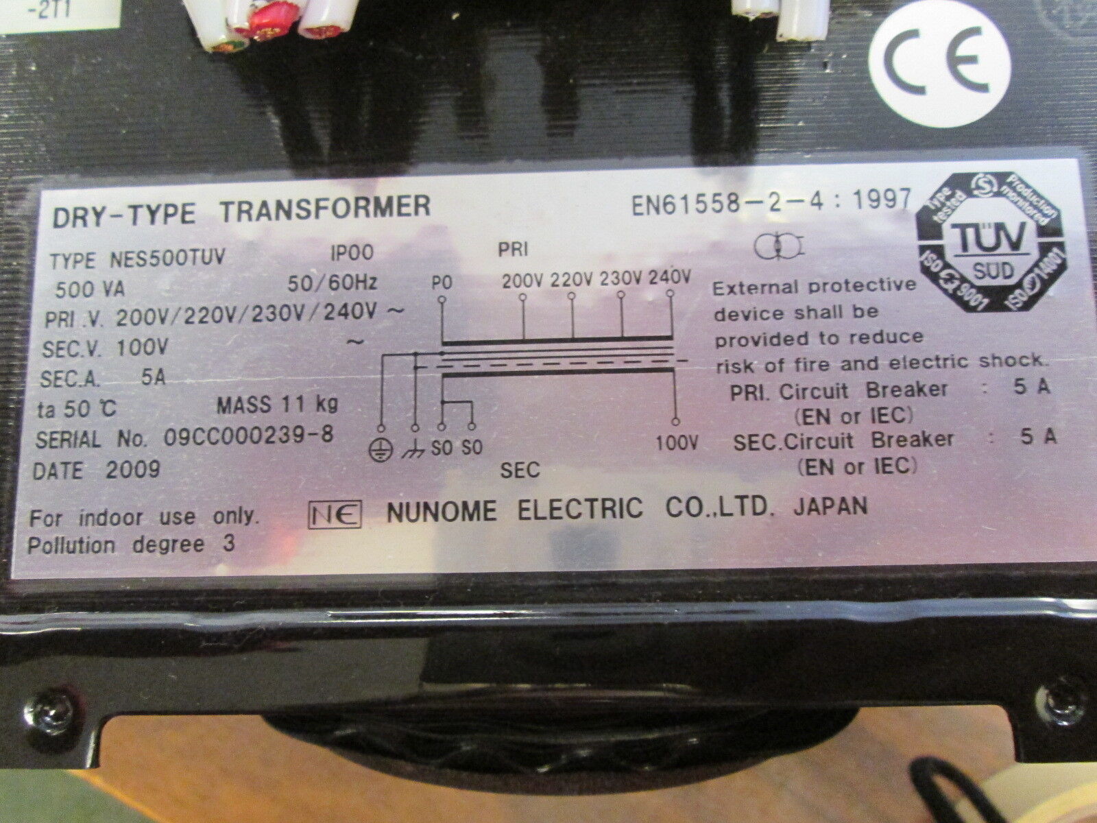 Nunome Dry-Type Transformer NES500TUV 500VA Pri:200/220/230/240V Sec:100V 5A