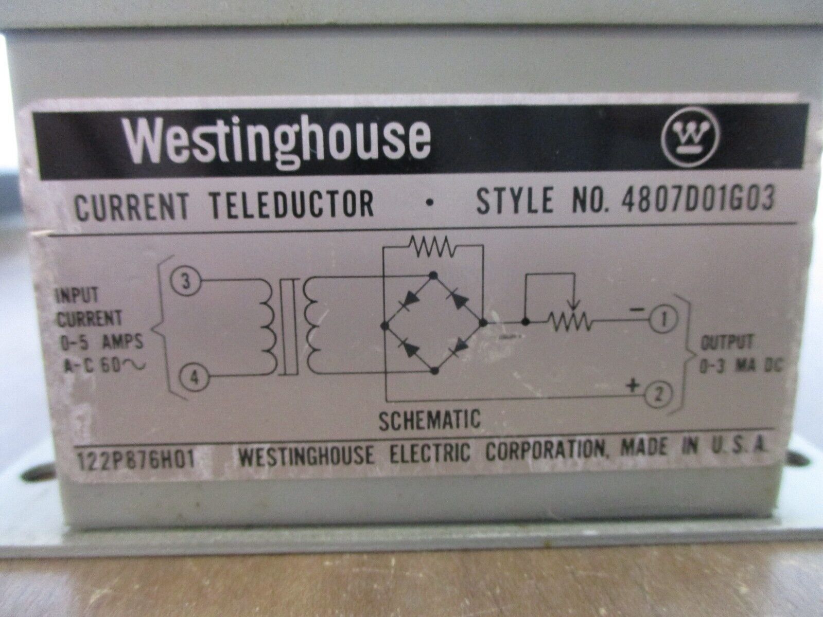 Westinghouse Current Teleductor 4807D01G03 Input: 0-5A 60Hz Output: 0-3mADC Used