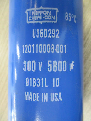 Nippon Chemi-Con Capacitor U36D292 300V 5800uF W/ Terminal Screw Used