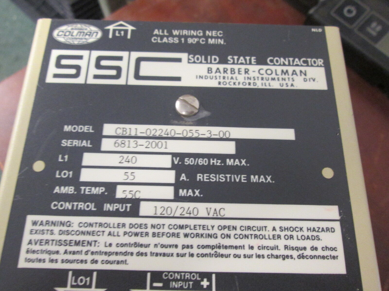Barber-Colman Solid State Contactor CB11-02240-055-3-00 240V 55A Used
