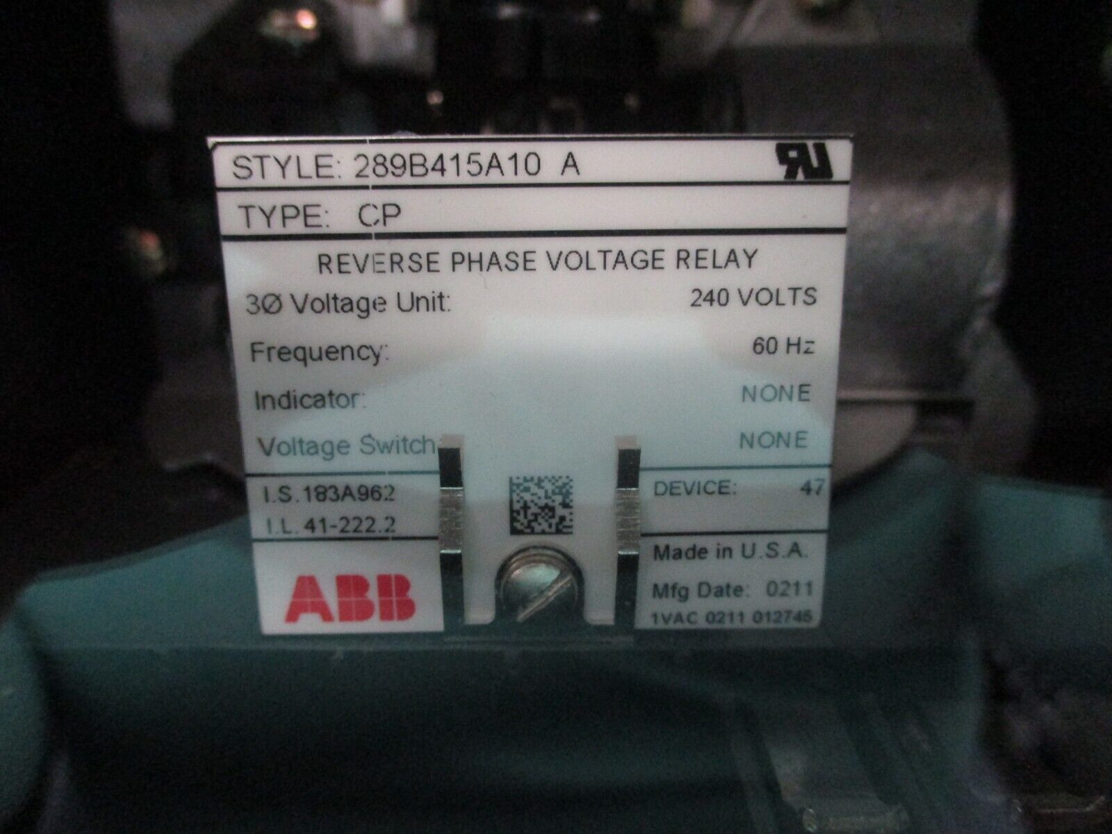 ABB Type CP Reverse Phase Voltage Relay 289B415A10 A 240V 3Ph 60Hz Used