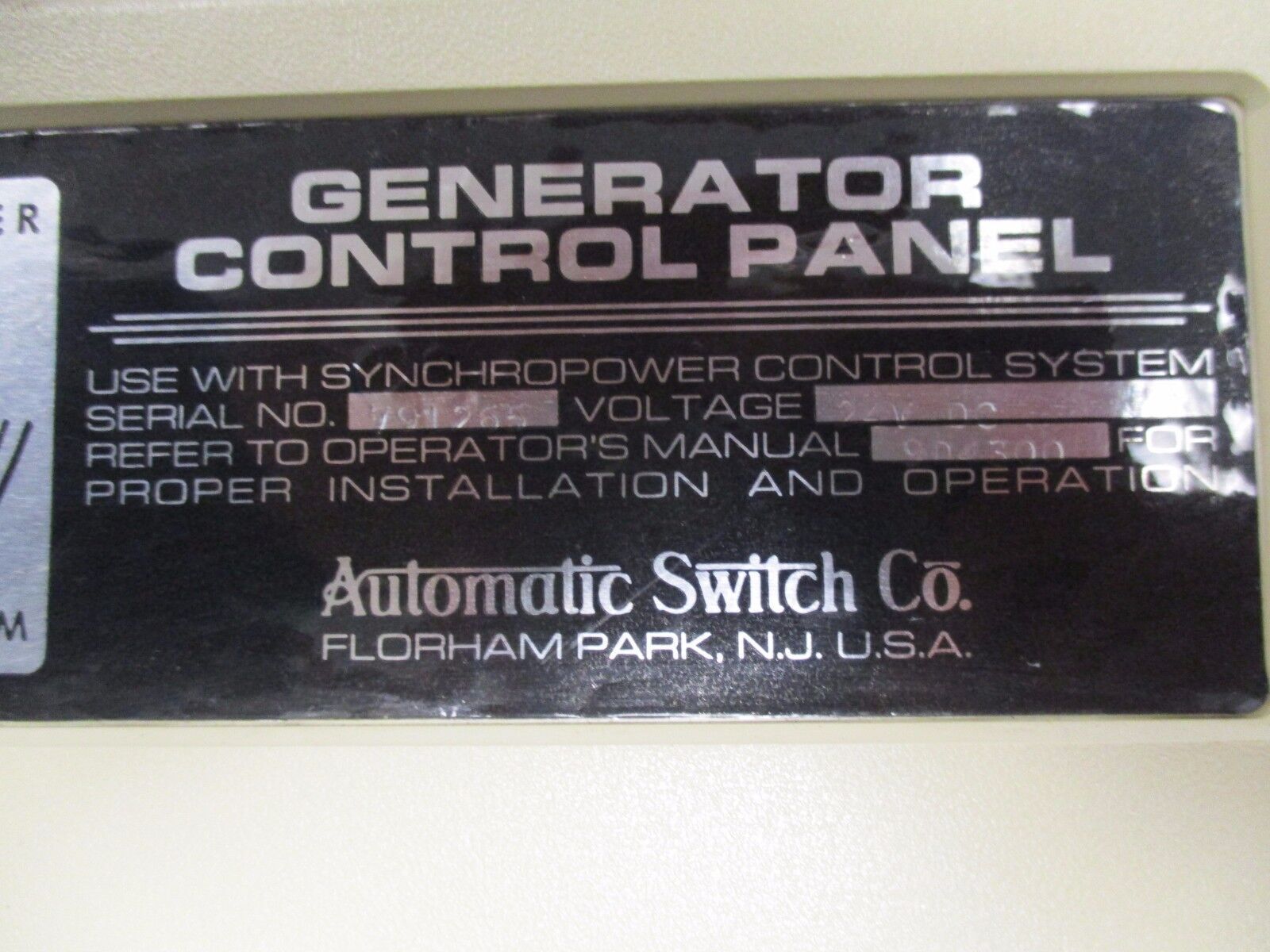 ASCO Generator Control Panel Synchropower Control System 24VDC Used