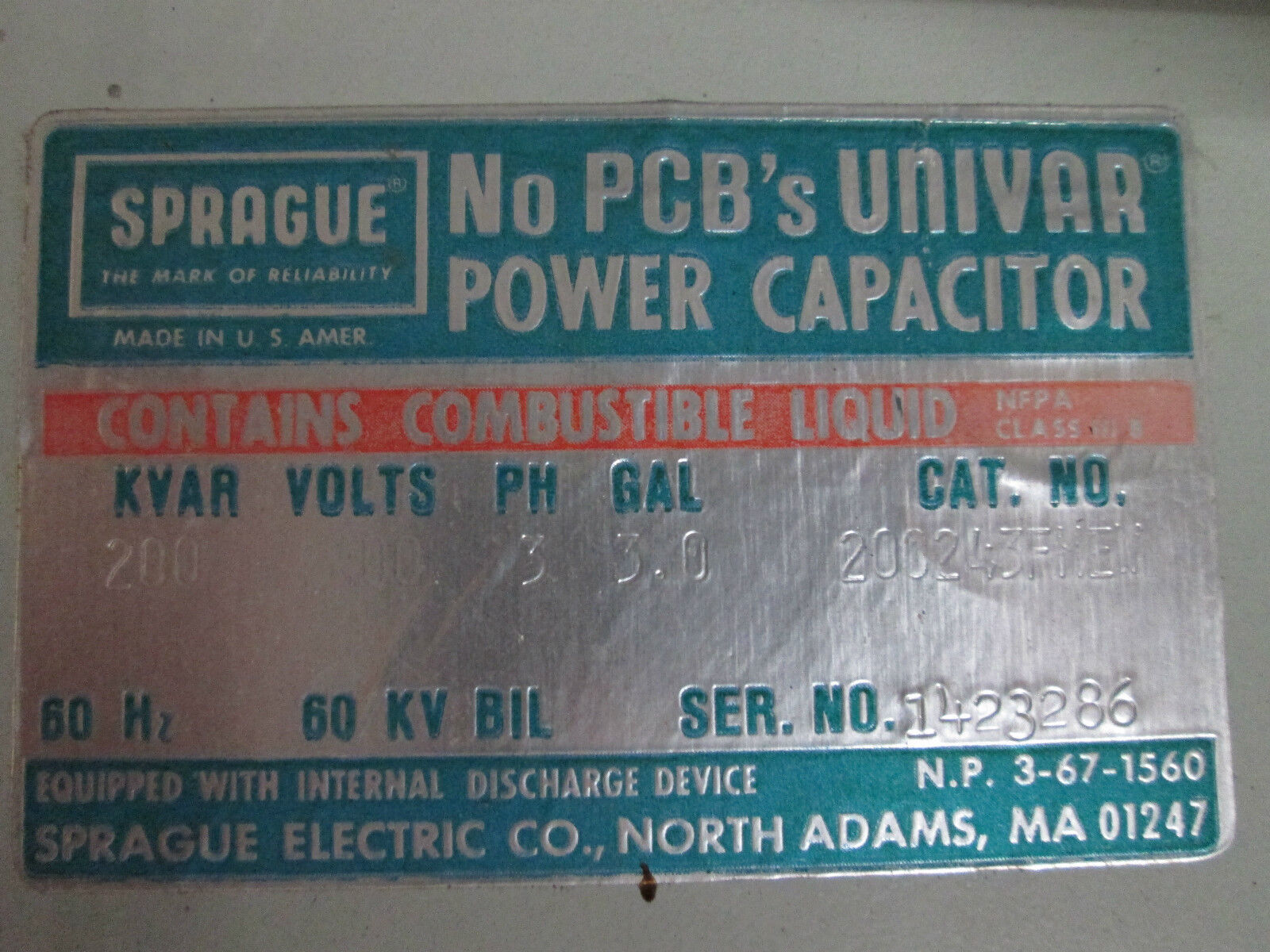 Sprague Univar Power Capacitor 200243FHEW 200 KVAR 400V 3Ph 60Hz Used