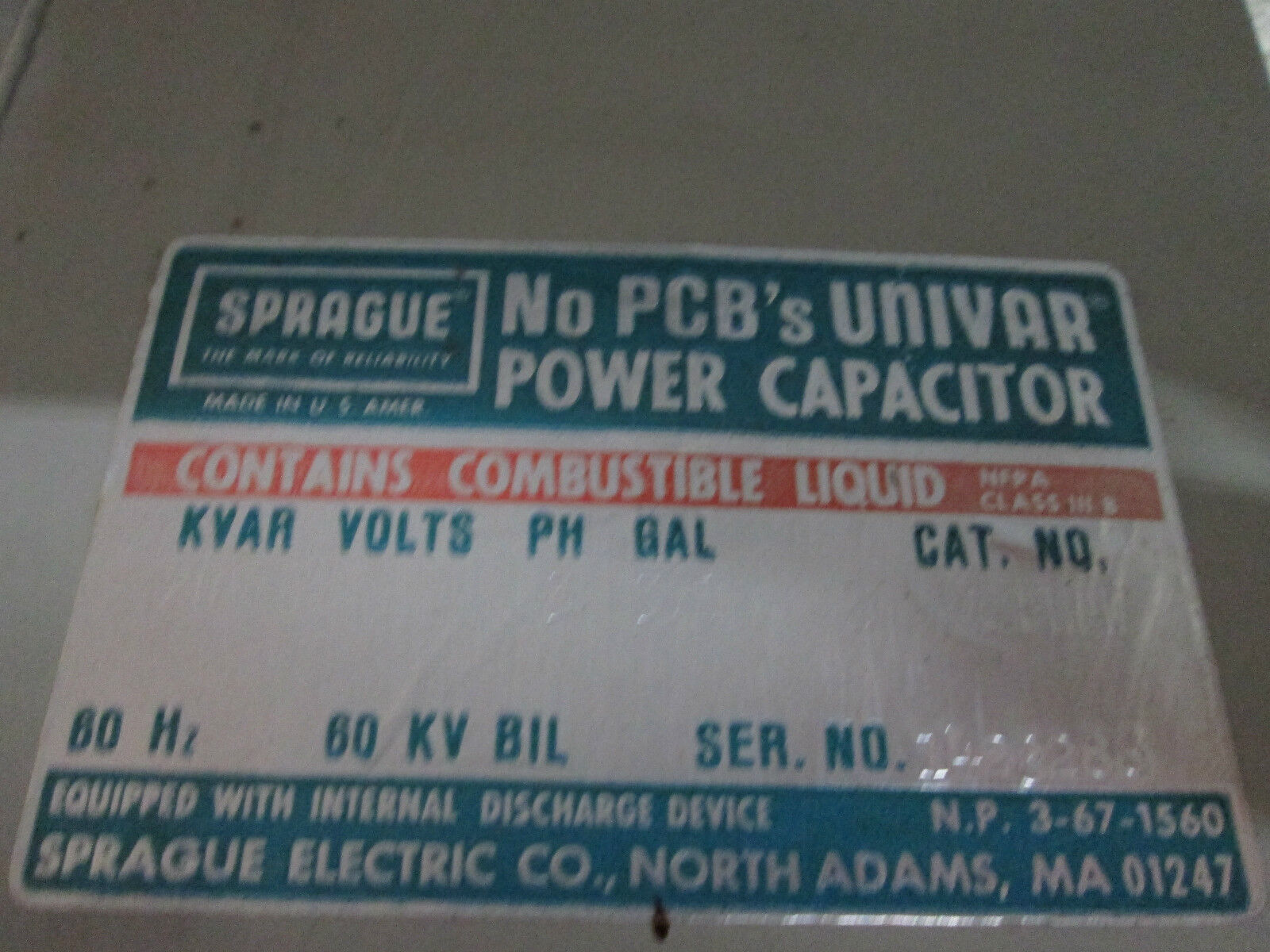 Sprague Univar Power Capacitor 200243FHEW 200 KVAR 400V 3Ph 60Hz Used