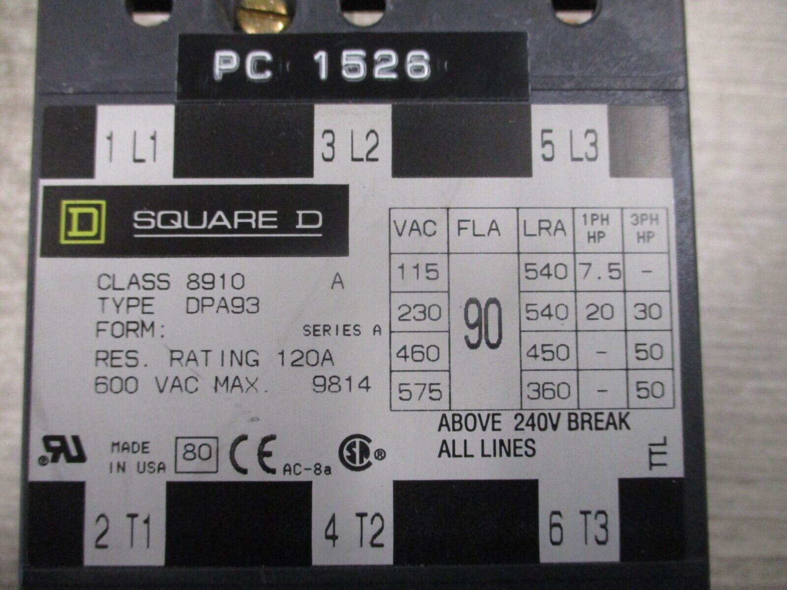 Square D Contactor 8910 DPA93 120V Coil 90A 600V Used